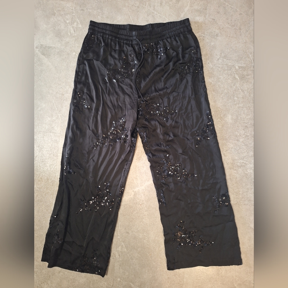 NWT! Rachel Zoe Black Wide-Leg Sequin Embellished Pants Size XL